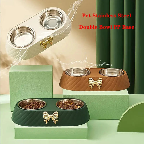 Double pet feeding bowl en acier inoxydable avec support en PP, disponible en plusieurs couleurs et designs élégants.